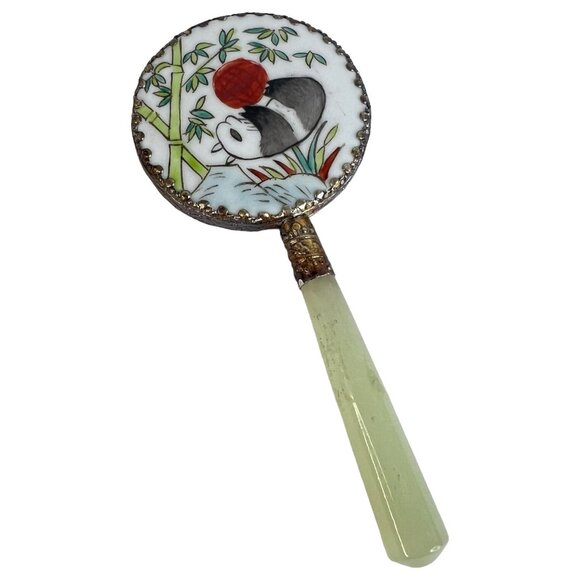 Vintage Handheld Mirror With Hand Painted Panda Design Jade Handle Ornate Trim - Picture 2 of 7